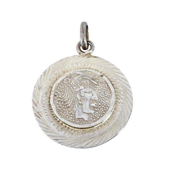 Vintage Sterling Silver 925 Mexico Aztec Warrior Coin Medallion Pendant - Picture 3 of 8
